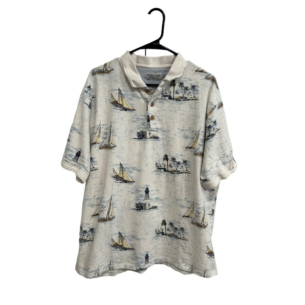 Windham Pointe Nautical Polo Shirt All-Over Sailboat Lighthouse Print Sz XL